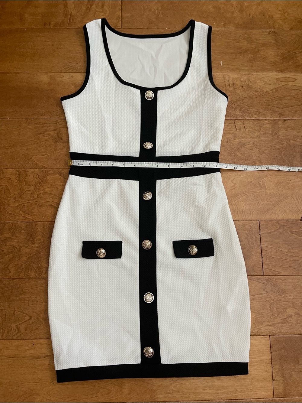 SHEIN White Mini Sheath Dress with Black Trim and Gold Buttons